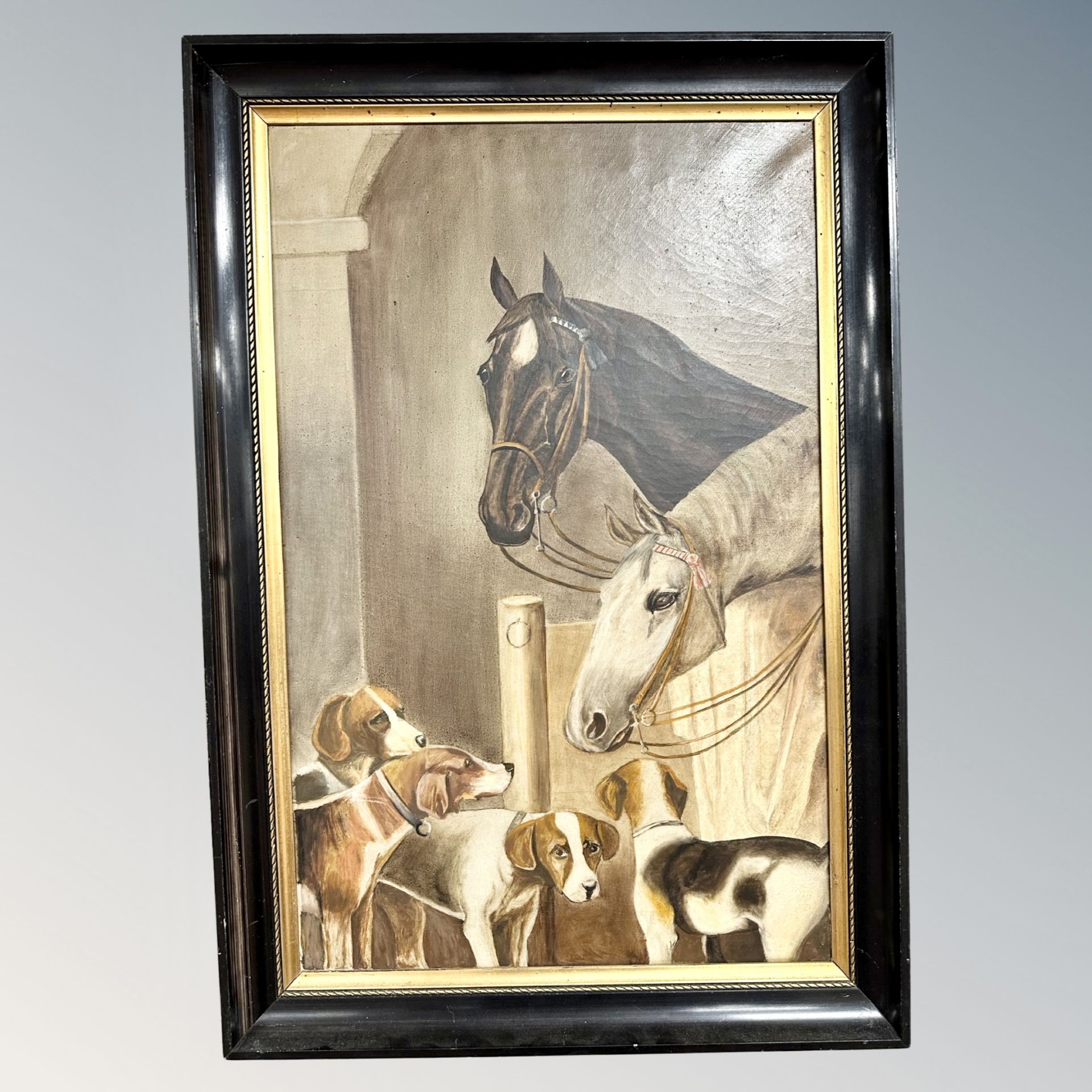 Continental school : Horses and foxhounds, oil on canvas,