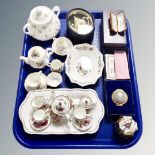 A tray of ceramics, miniature tea service, boxed Coalport miniature teapot,