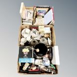 Three boxes of Royalty ephemera, collector's plates, postcards, vintage light shades,