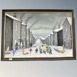 After Lee Lambert : Children playing in snow, oil on board,