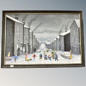 After Lee Lambert : Children playing in snow, oil on board,