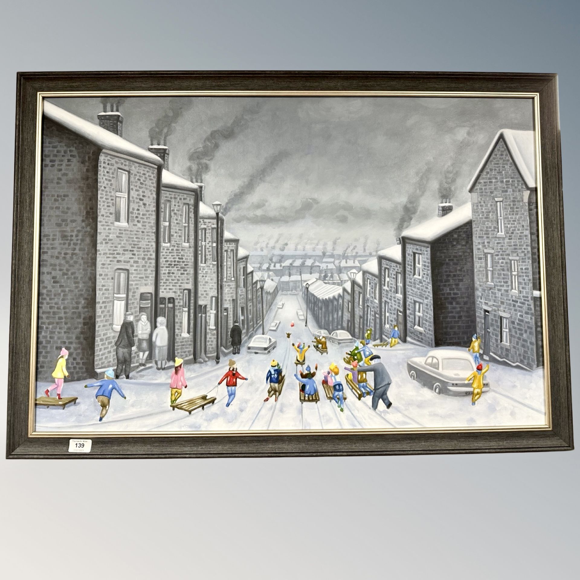 After Lee Lambert : Children playing in snow, oil on board,