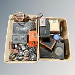 Two boxes of vintage photographic equipment including camera, Kodak cine camera,