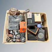 Two boxes of vintage photographic equipment including camera, Kodak cine camera,