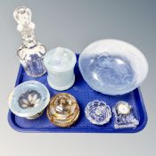 A tray of glass ware, Waterford desk clock, antique glass decanter, Art glass tazza,