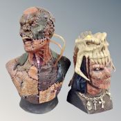 Two contemporary horror busts, tallest 53cm, with two framed prints of The Predator,