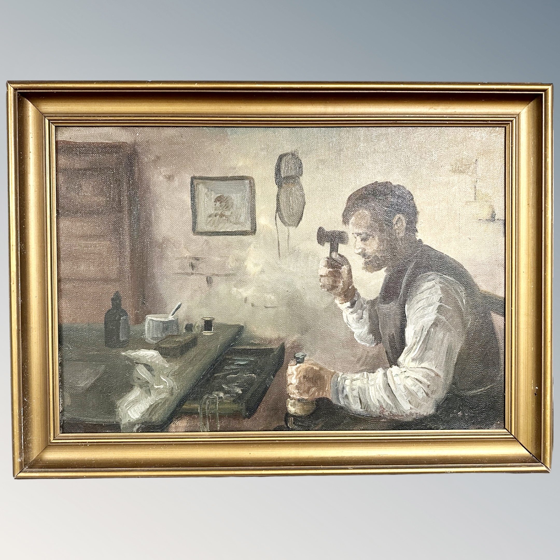 Continental school : A cobbler at work, oil on canvas,