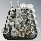 A tray of vintage and later glass ware, Babycham glasses,