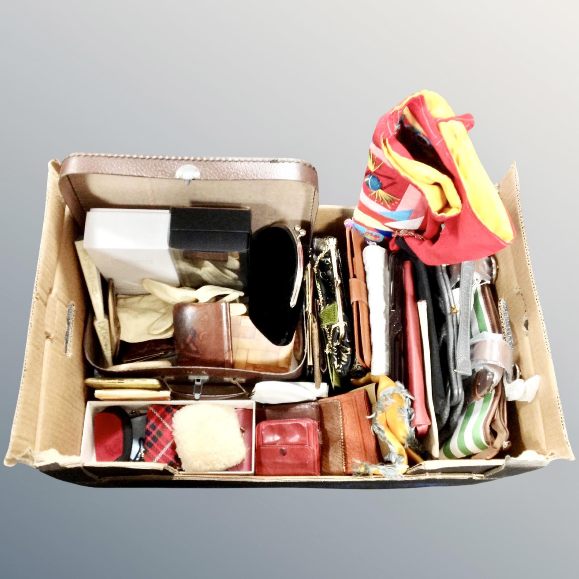 A box of vintage and later bags, purses, leather case, White company and Molten Brown gift sets,