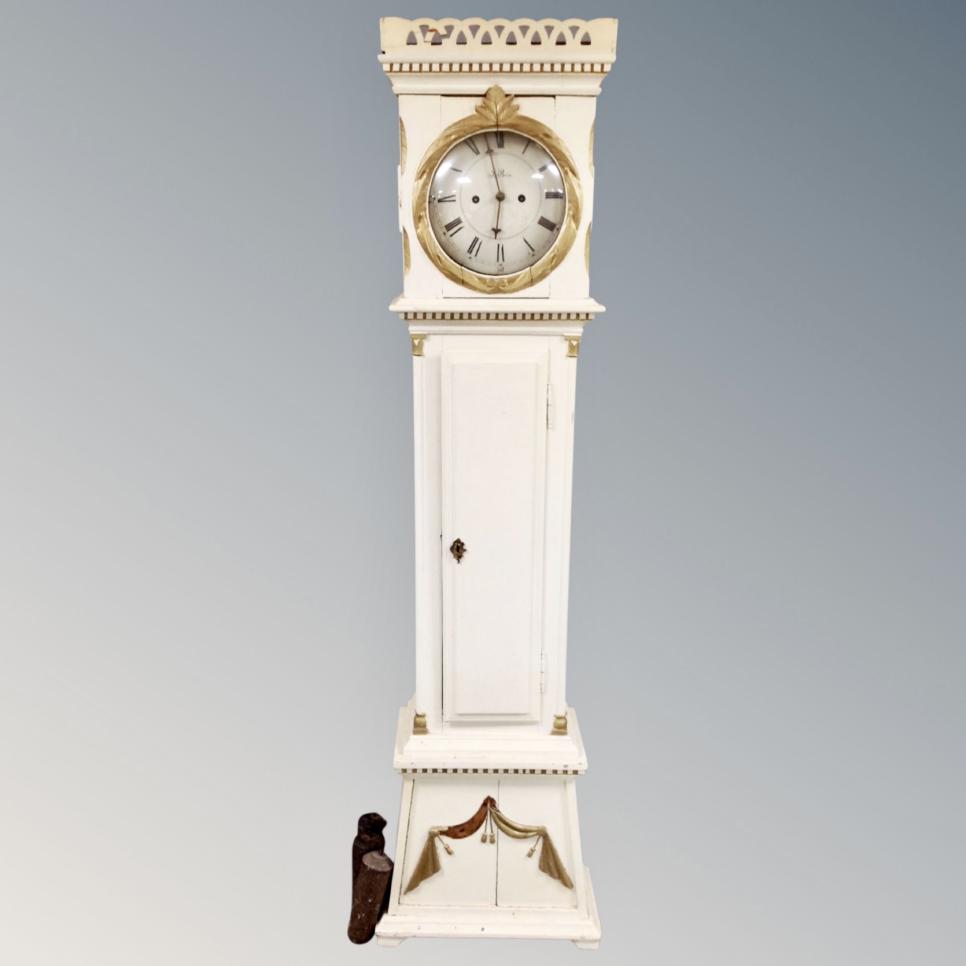 A Scandinavian painted longcase clock with pendulum and weights