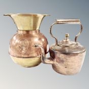 A 19th century copper and brass spitoon and a further copper kettle
