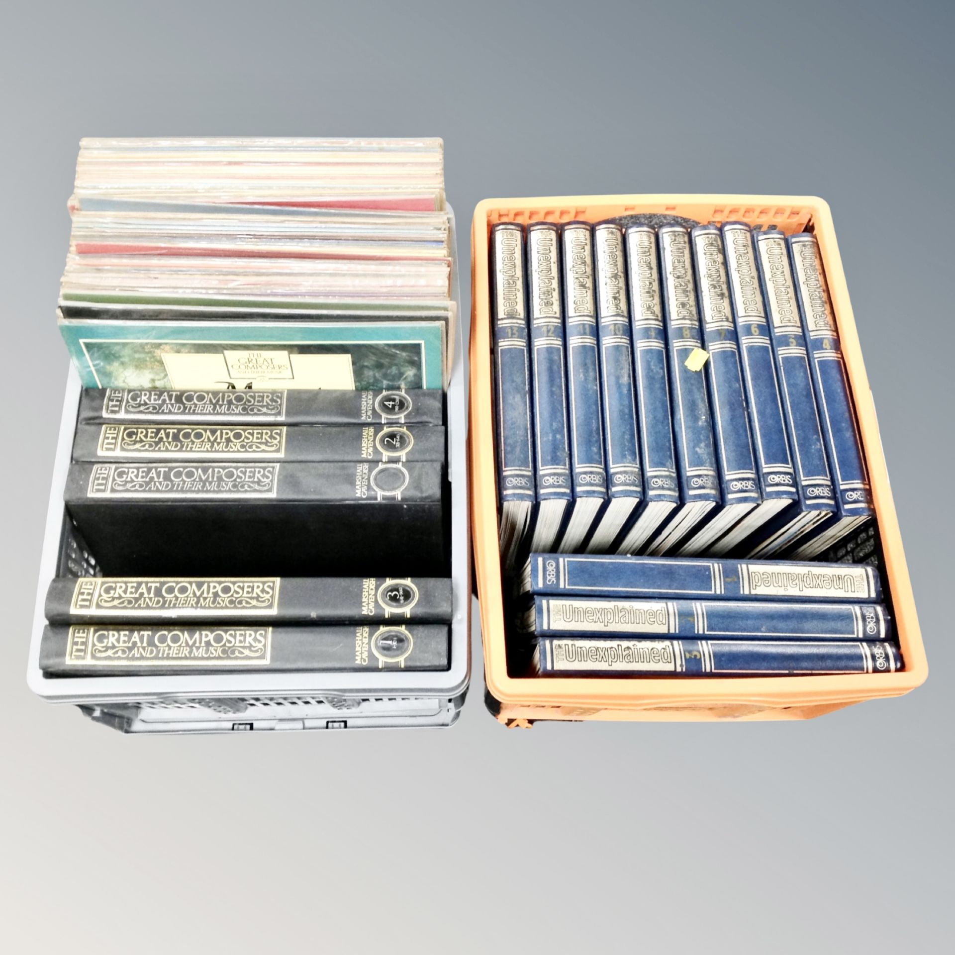 A crate of The Great Composers and their music - books and LPs by Marshall Cavendish,