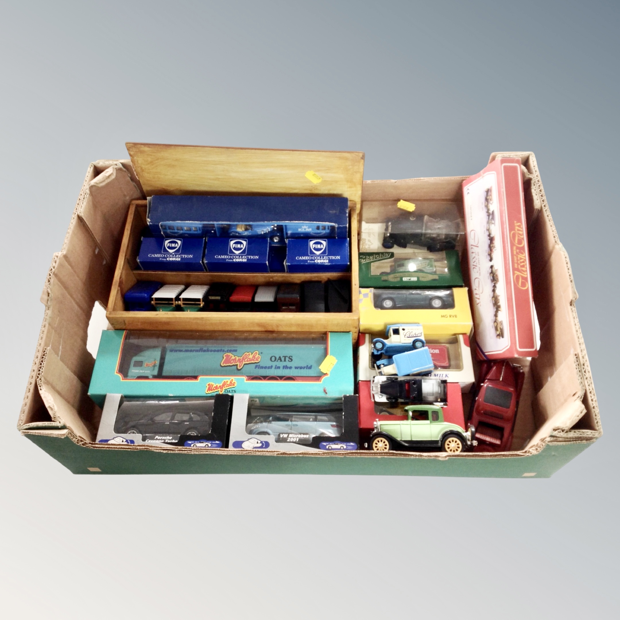 A box of die cast vehicles : Fina Cameo Collection, Corgi and promotional delivery vans,