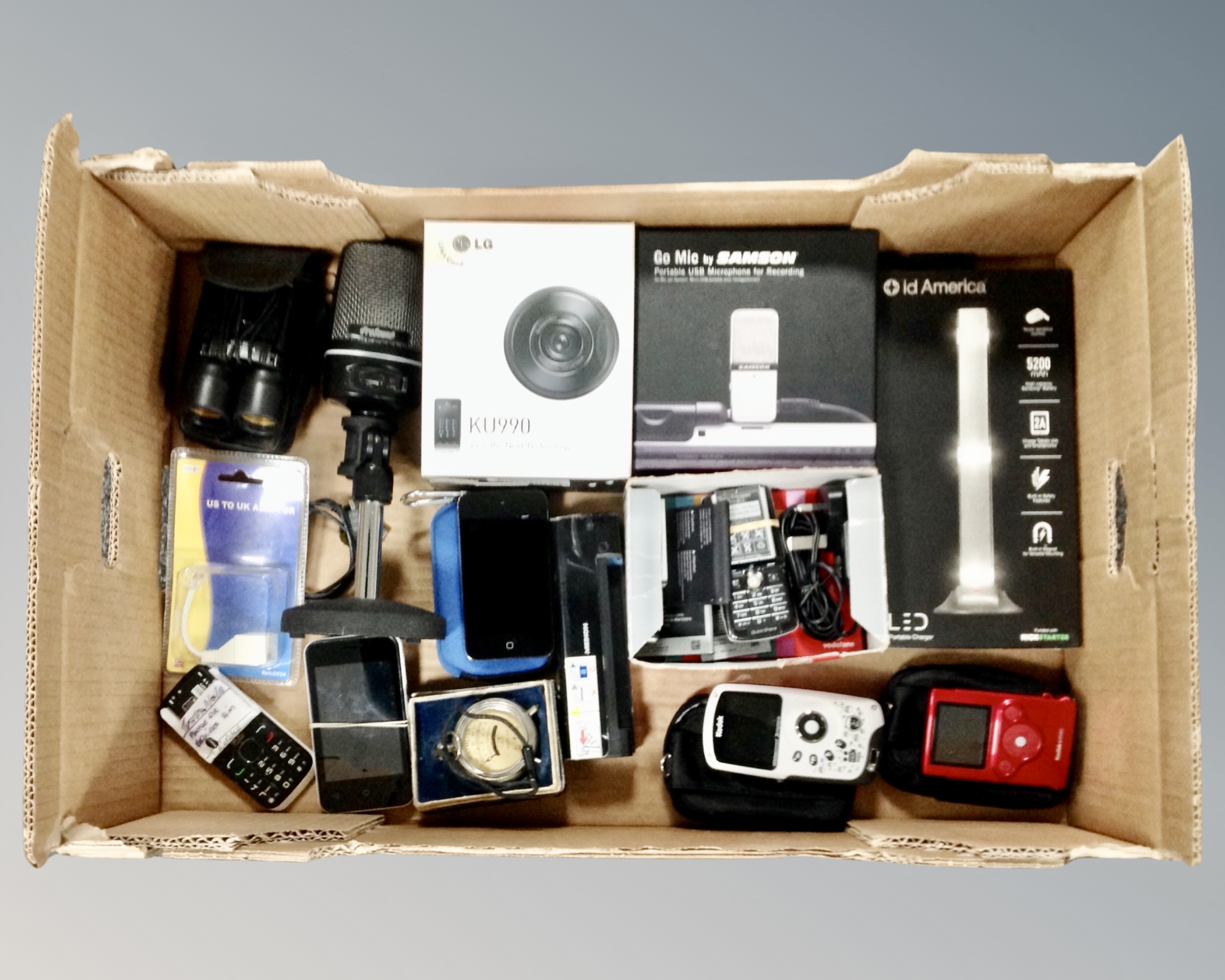 A box of Pro-Sound microphone, mobile telephones, Kodak waterproof cameras, 16Gb ipod,