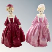 Two Royal Worcester Freda Doughty design figures : Grandmother's Dress 3081 (two colour variants)