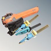 A Flymo garden vacuum together with three electric hedge trimmers