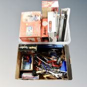 A crate and box containing socket sets, ring spanners, G-clamps, tile cutters, wall paper stripper,