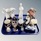 A tray of antique and later ceramics, Royal Doulton figures, china fairings,