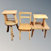 A rustic milking stool together with a pair of pine crackets,