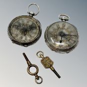 Two very ornate Victorian silver fob watches with gold detail on silver dials, one by JW Ramsay,