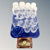 A tray of two sets of cut glass lead crystal wine glasses, set of six tumblers,