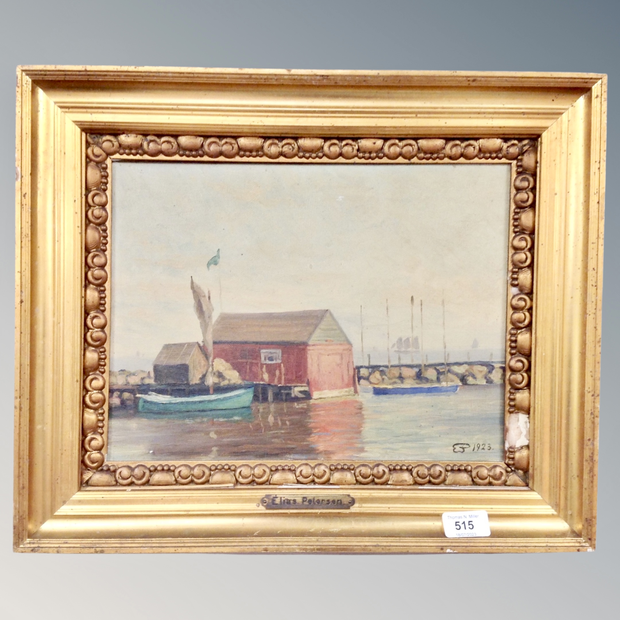 Continental School : Building by a quayside, signed Elias Petersen, oil on canvas,