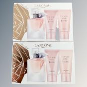 Two Lacome Paris three piece La Vie Est velle perfume sets
