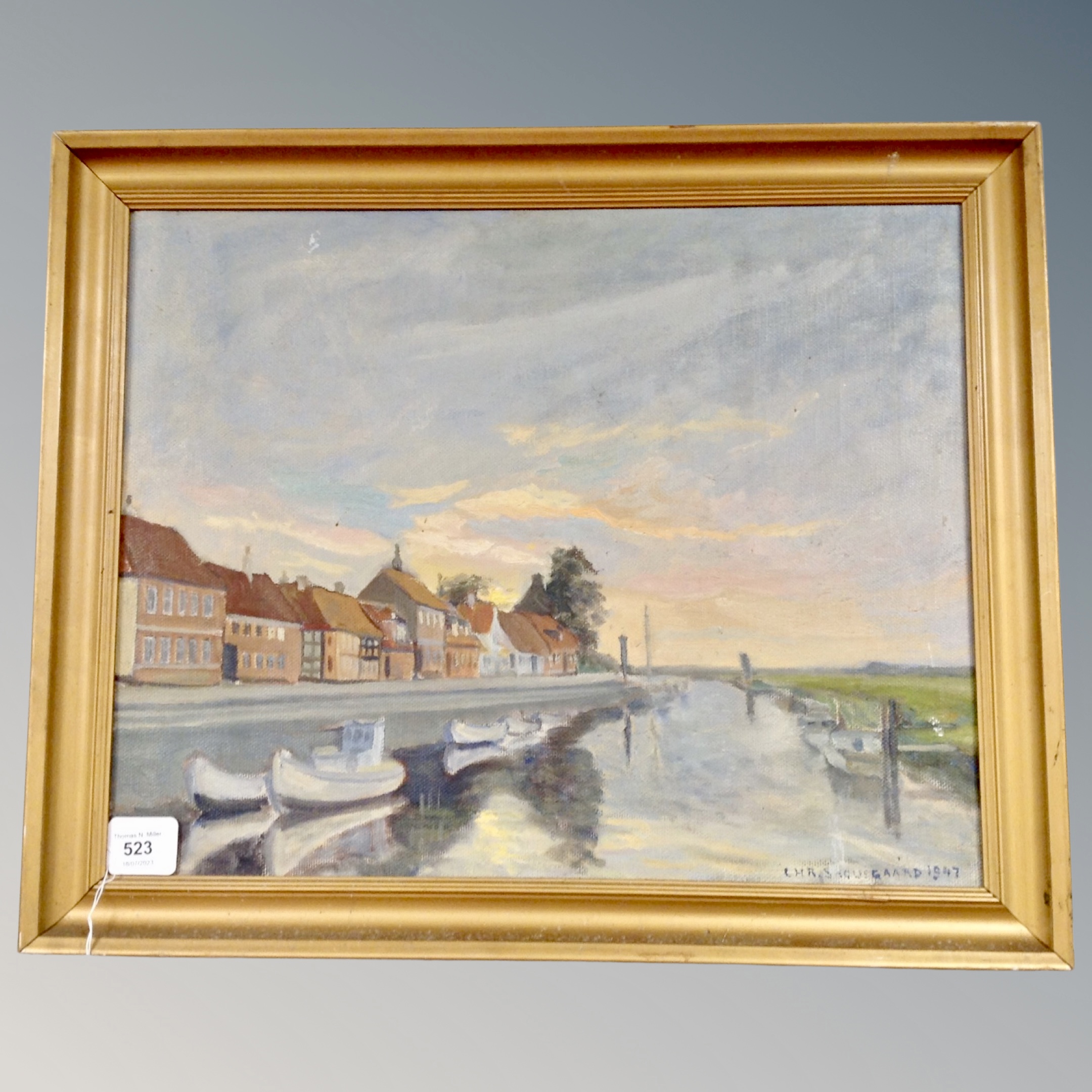 Continental School : View along a canal, signed C Skousgaard, oil on canvas,