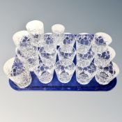 Two tray of approximately forty eight cut glass drinking glasses including liqueur, sherry,