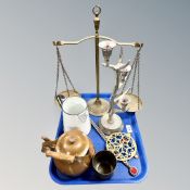 A tray of metal ware, brass balance scales, culinary concepts antler candlestick,