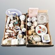 Two boxes of ceramics, figurines, Buckingham palace china, Spode blue and white cake plate,