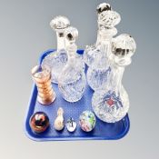 A tray of assorted glass ware : Royal Albert lead crystal decanter, glass paperweights,