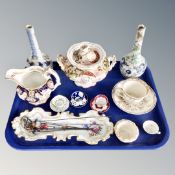 A tray of antique ceramics, Japanese bottle vases, Victorian lidded sugar basin and milk jug,