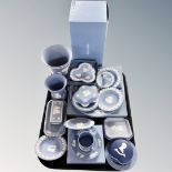A tray of eighteen pieces of Wedgwood blue and white jasper ware (some parts boxed)