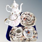 A tray of assorted ceramics, Masons plates and dishes, paragon Victoria rose tea pot, sugar basin,