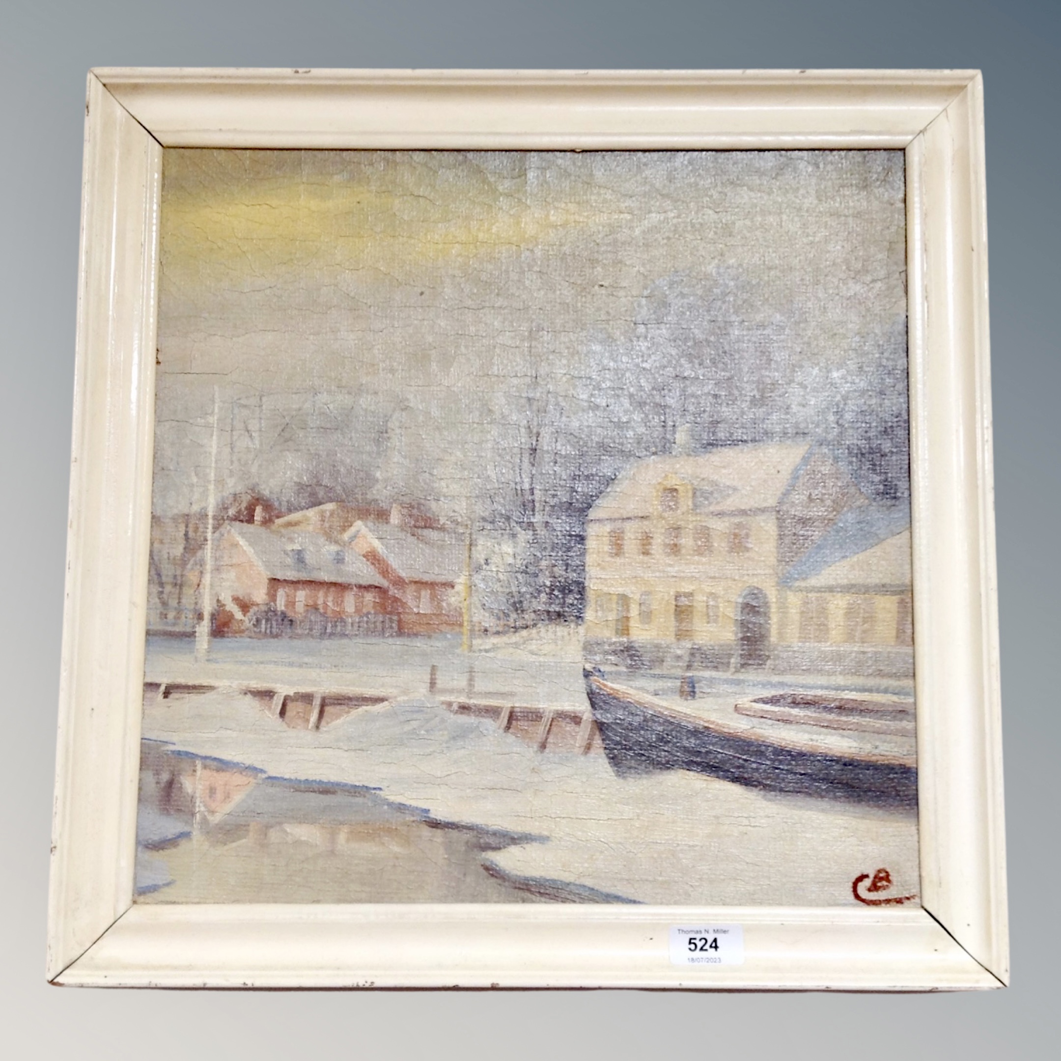 Continental School : Boats in snow, oil on canvas,