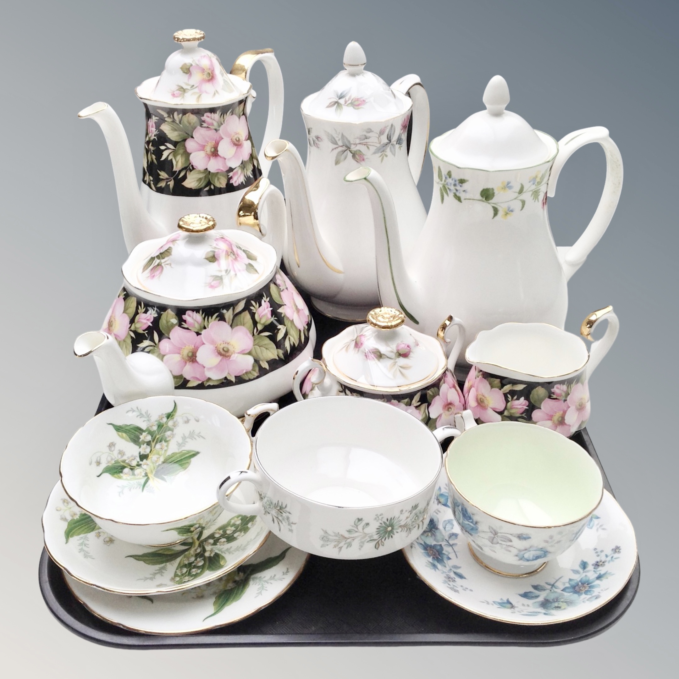 A tray of bone china : four pieces of Royal Albert Provincial Flowers tea china, Duchess teapots,