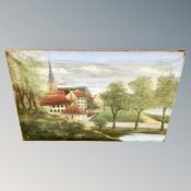 Continental School : Buildings by trees, oil on canvas, un-framed,