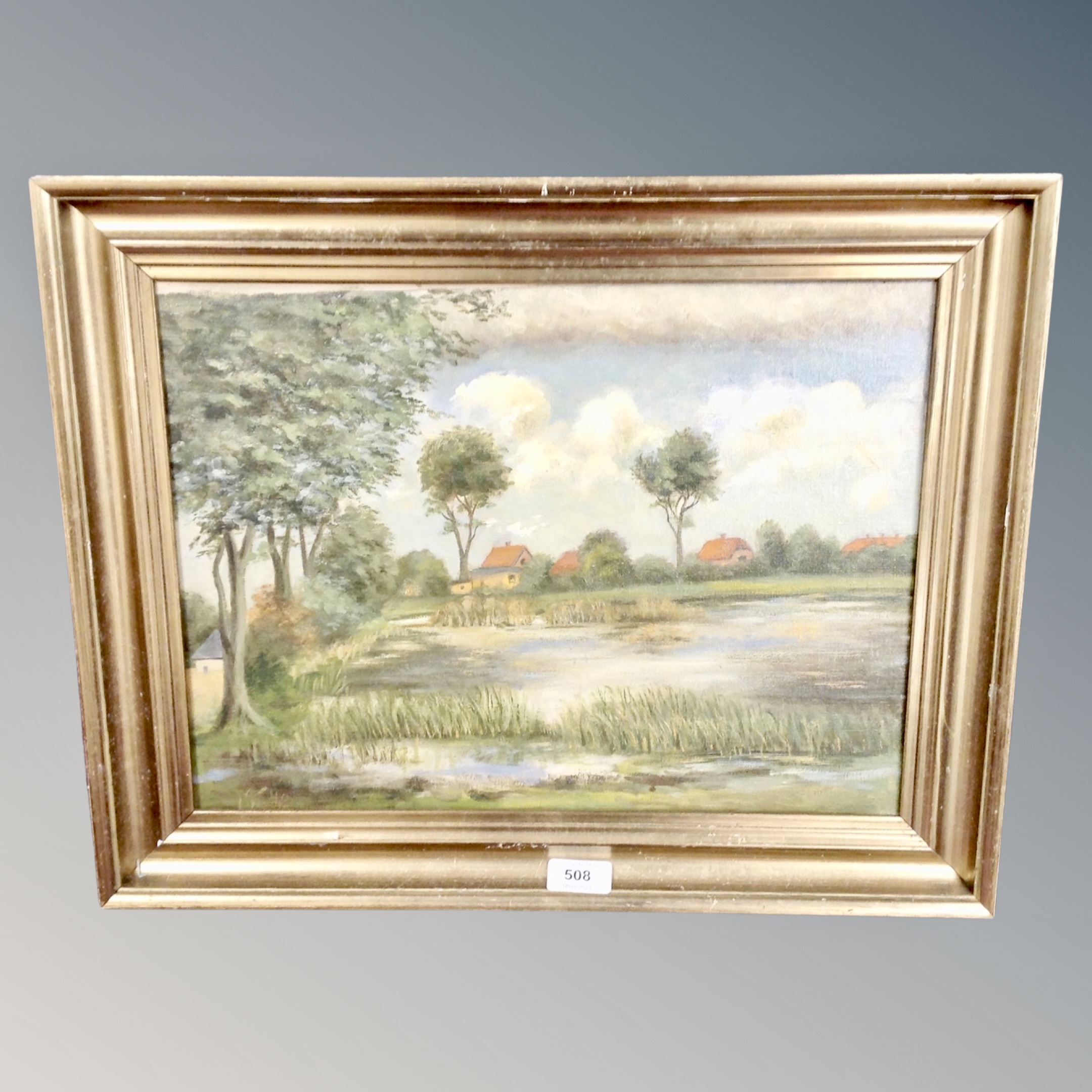 Continental School : View across a lake, oil on canvas,