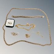 A small collection of gilt metal bracelets, chains, silver gilt ring, 12ct gold plated brooch,