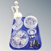 A tray of antique and later glass ware, etched glass decanter, bowls, cruet sets,