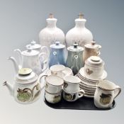 A tray of large quantity of Denby tea ware, tea and coffee pots,