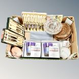 A box of Royal Worcester boxed mugs, vintage cutlery, pieces of crystal ware,