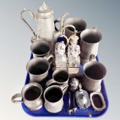 A tray of antique pewter tea pot, tankards,