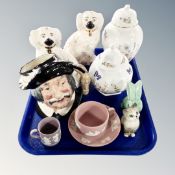 A tray of ceramics : pair of Royal Doulton Spaniels, Aynsley cottage garden,