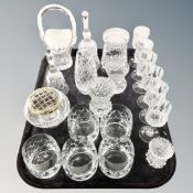A tray of glass, sherry glasses, cut glass vases,