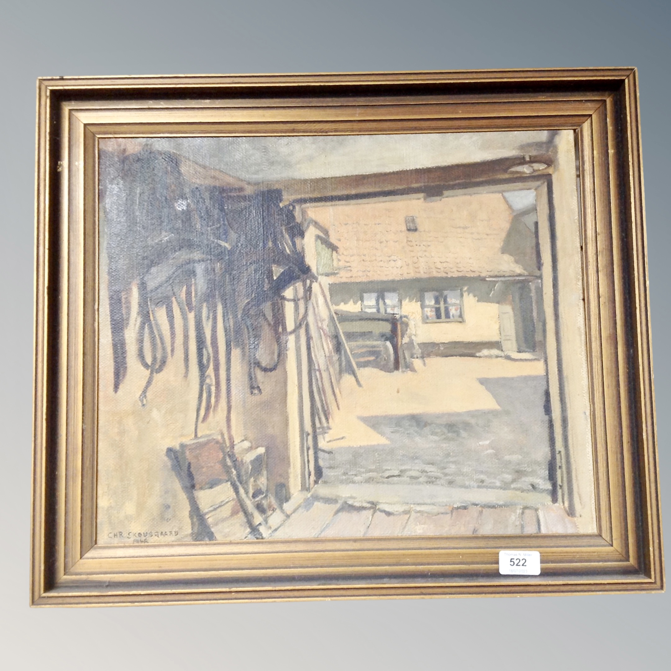 Continental School : Tack room, oil on canvas, signed C Skousgaard,