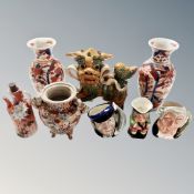 A tray of ceramics, Imari vases, temple dog,