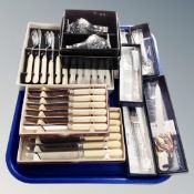 A tray of boxed butter knives, fish cutlery, boxed The Posh Club berry spoons, butter knife etc,