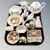 A tray of assorted ceramics, Nao Geese figures, four pieces of Royal Grafton Fragrance china,